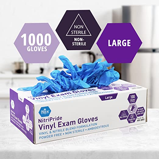 Med-Pride NitriPride Nitrile-Vinyl Blend Exam Gloves, Large 1000 Protective Gloves for Medical Use